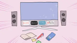 Jak uczyć się angielskiego z filmów? Telewizor z aplikacjami, książka, długopis i pilot sugerują naukę przez rozrywkę.